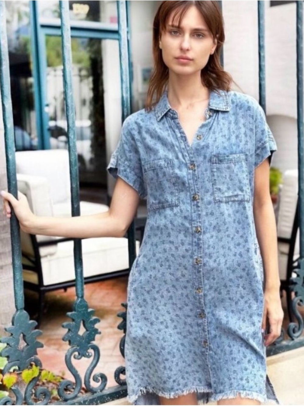 Billy T Light Wash Denim Mini Shirt Dress - Blue